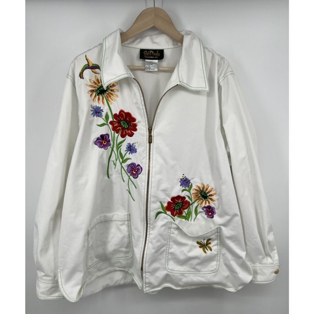 Bob Mackie Wearable Art Size 2x Embroidered Floral Hummingbird Full Zip Jacket